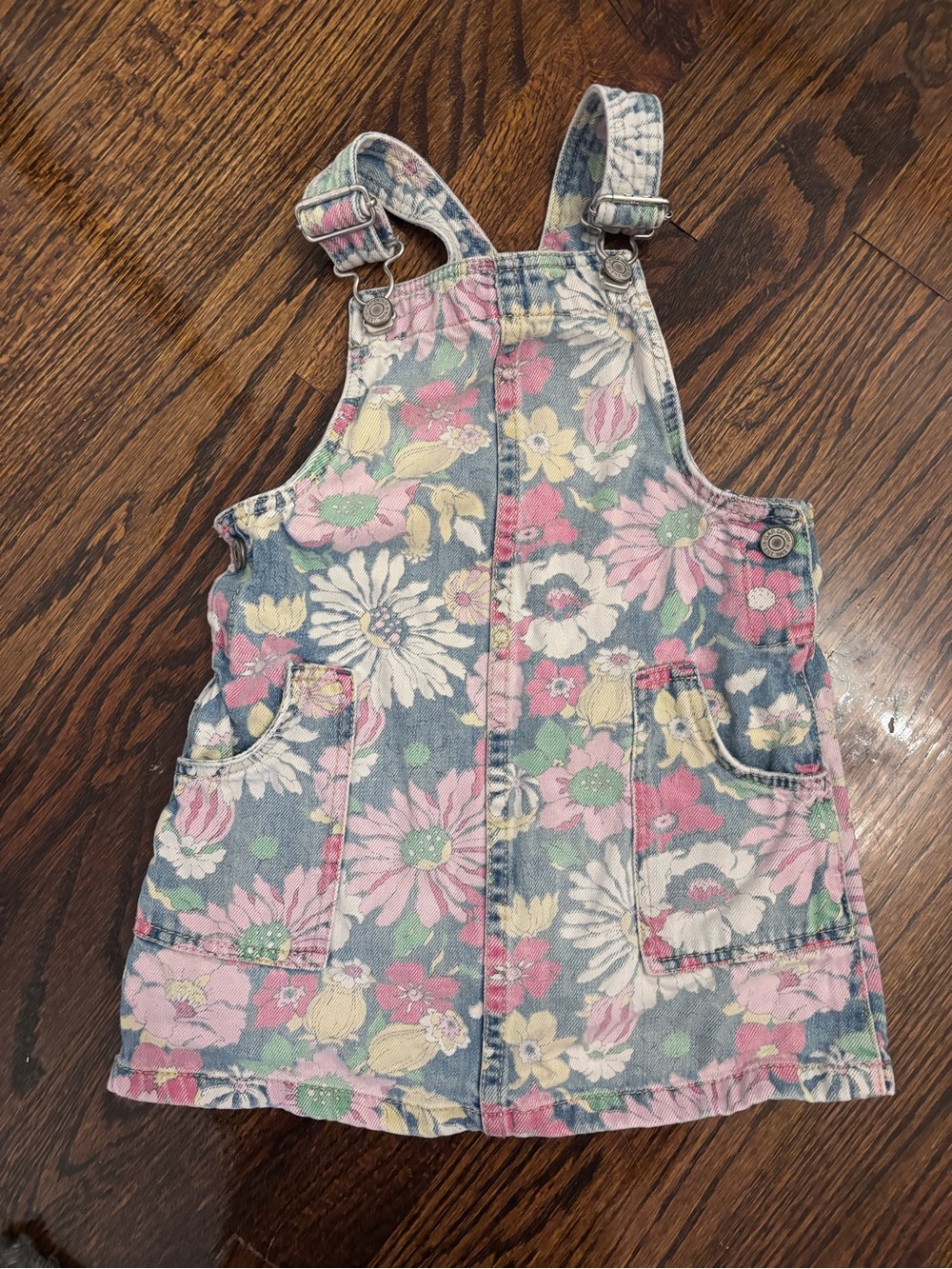 GAP Pink Multi Floral Denim Overall Dress